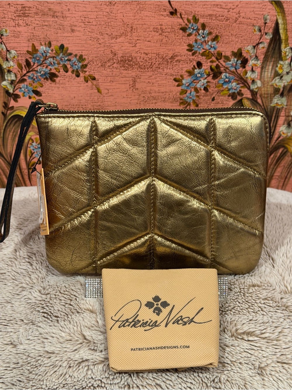 Patricia Nash Metallic Gold Quilted Wristlet Clutch